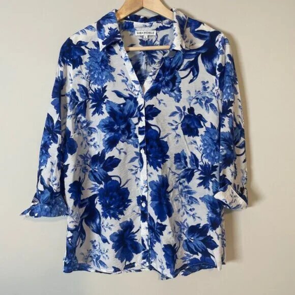 SARA MICHELLE | TOP SIZE L WHITE BLUE - Picture 1 of 3
